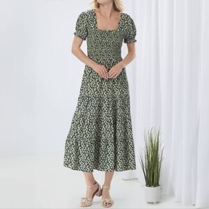 The Pyramid Collection Smocked Leaf Print Midi Dress Size Large